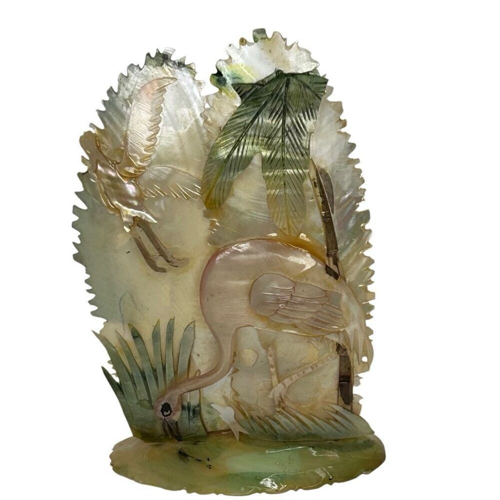 NWT Handcarved Tourist Mother Of Pearl Flamingo Deco Shell Art Multicolor Signed